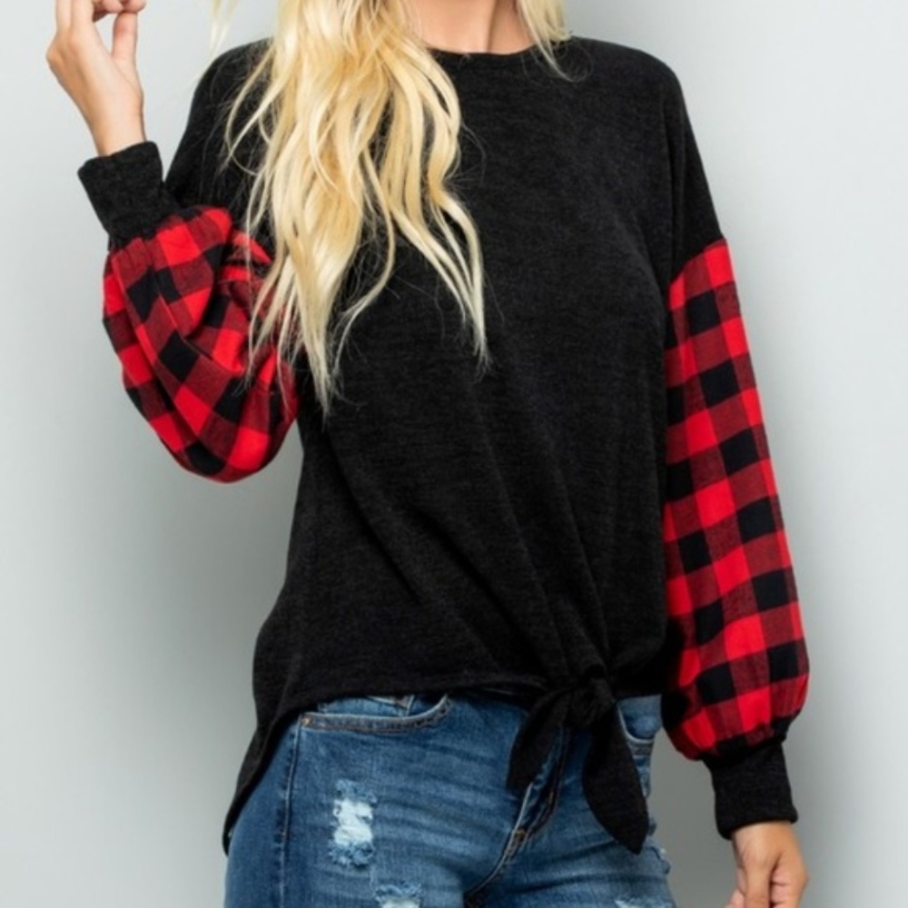 Say No More Buffalo Plaid Front Tie Sweater Top - Picture 6 of 6